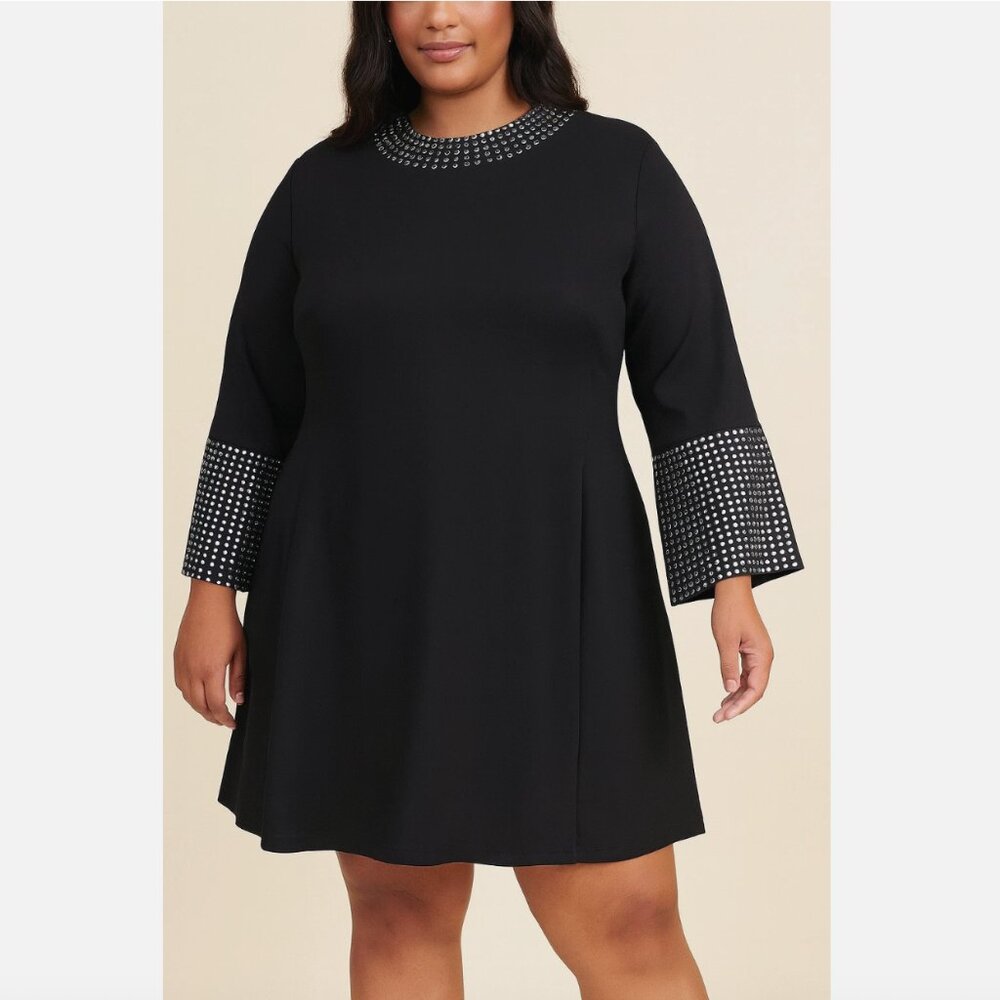 VENUS Size 18 Blackโ Silver Embellished Mock Neck Bell Sleeve Ponte Mini Dress